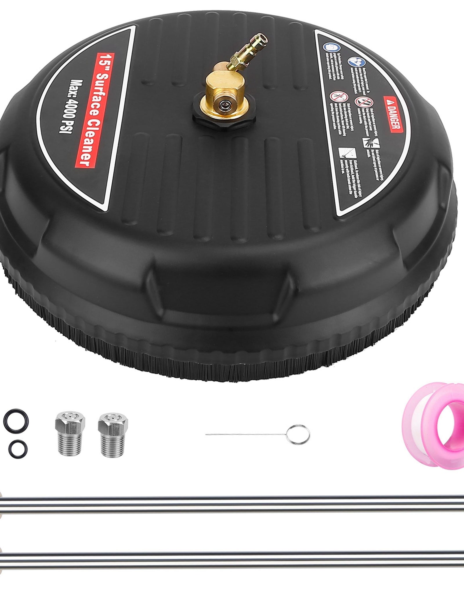 15in High Pressure Flat Surface Cleaner 4000PSI Disc Power Washer Broom w/ 2 Washer Extension Wands 2 x Replacement Nozzles