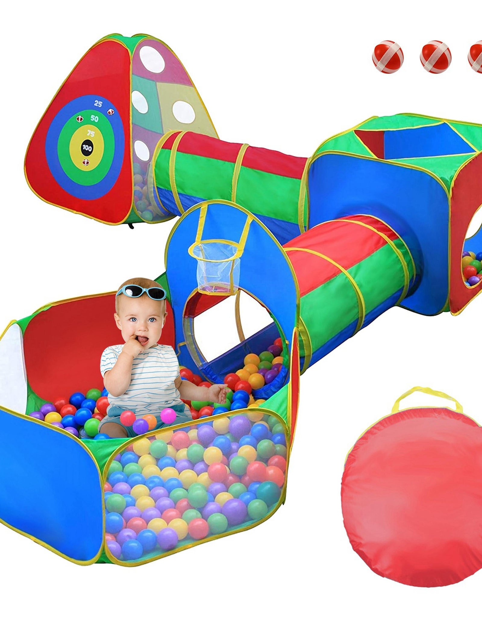 5Pcs Kids Ball Pit Tents Pop Up Playhouse w/ 2 Crawl Tunnel & 2 Tent For Boys Girls Toddlers Preschool Children Indoor Outdoor