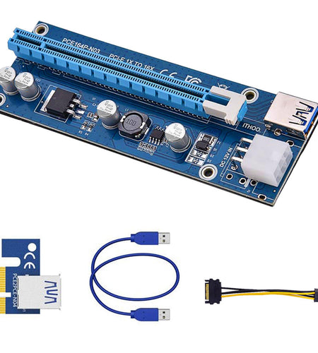 5Sets PCI-E PCI Express Risers GPU Mining Powered 1X to 16X Riser Adapter Card w/ 23.62in USB 3.0 Cable MOLEX To SATA Power Cable 4 Solid Capacitors V
