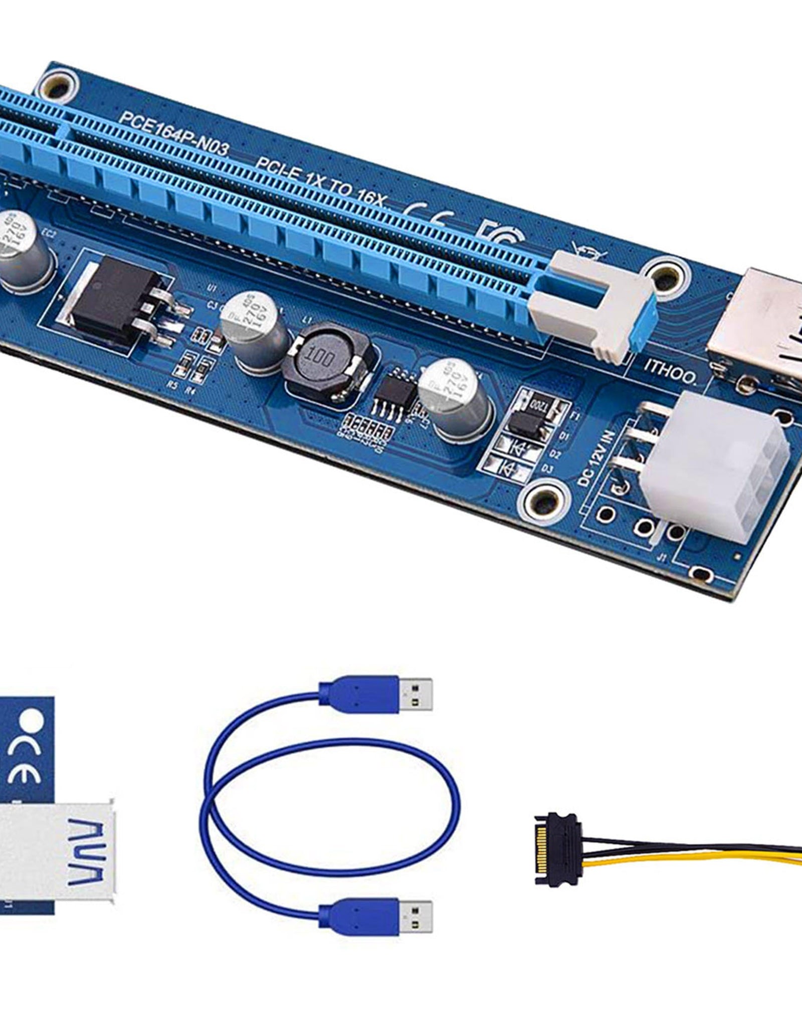 5Sets PCI-E PCI Express Risers GPU Mining Powered 1X to 16X Riser Adapter Card w/ 23.62in USB 3.0 Cable MOLEX To SATA Power Cable 4 Solid Capacitors V