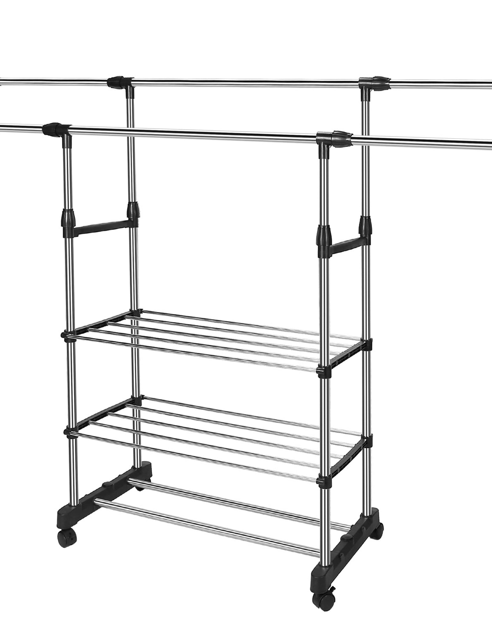 Extendable Garment Hanging Rack Clothing Hanging Rail Pillow Shoe Display Organizer w/ Rolling Wheels Hold up to 77LBS