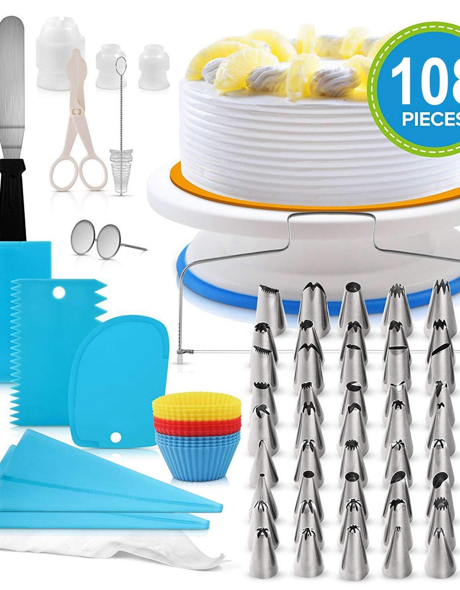 11in Rotating Cake Turntable 108Pcs Cake Decorating Supplies Kit Revolving Cake Table Stand Base Baking Tools