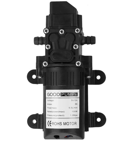 12V Water Pump with 2 Hose Clamps 123PSI Self Priming Sprayer Pump 100W Electric Diaphragm Water Pump 5.5L/Min for RV Camper Marine Boat