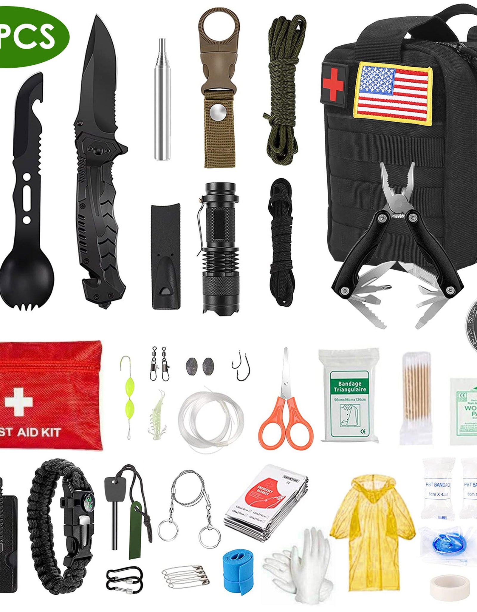 47Pcs Emergency Survival Kit Survival EDC Gear Equipment Tool First Aid Supplies Kit Tools with Pouch for Hiking Hunting Disaster Camping Adventure
