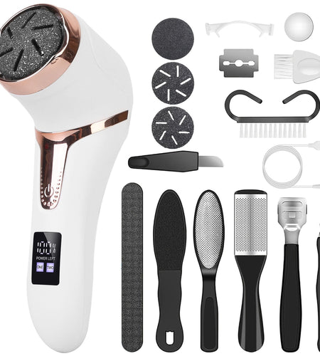 17Pc Electric Foot Callus Remover w/ Vacuum Foot Grinder, Rechargeable Foot File w/ 3 Grinding Heads, 2 Speeds - Foot Care