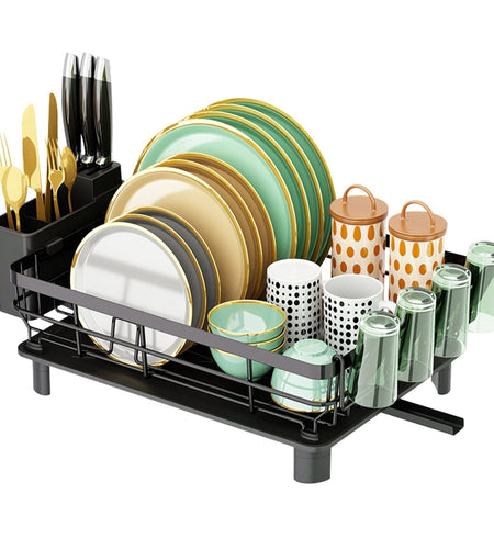 Kitchen Countertop Dish Drying Rack with Utensil Holder, Drain Board, and Storage Shelf