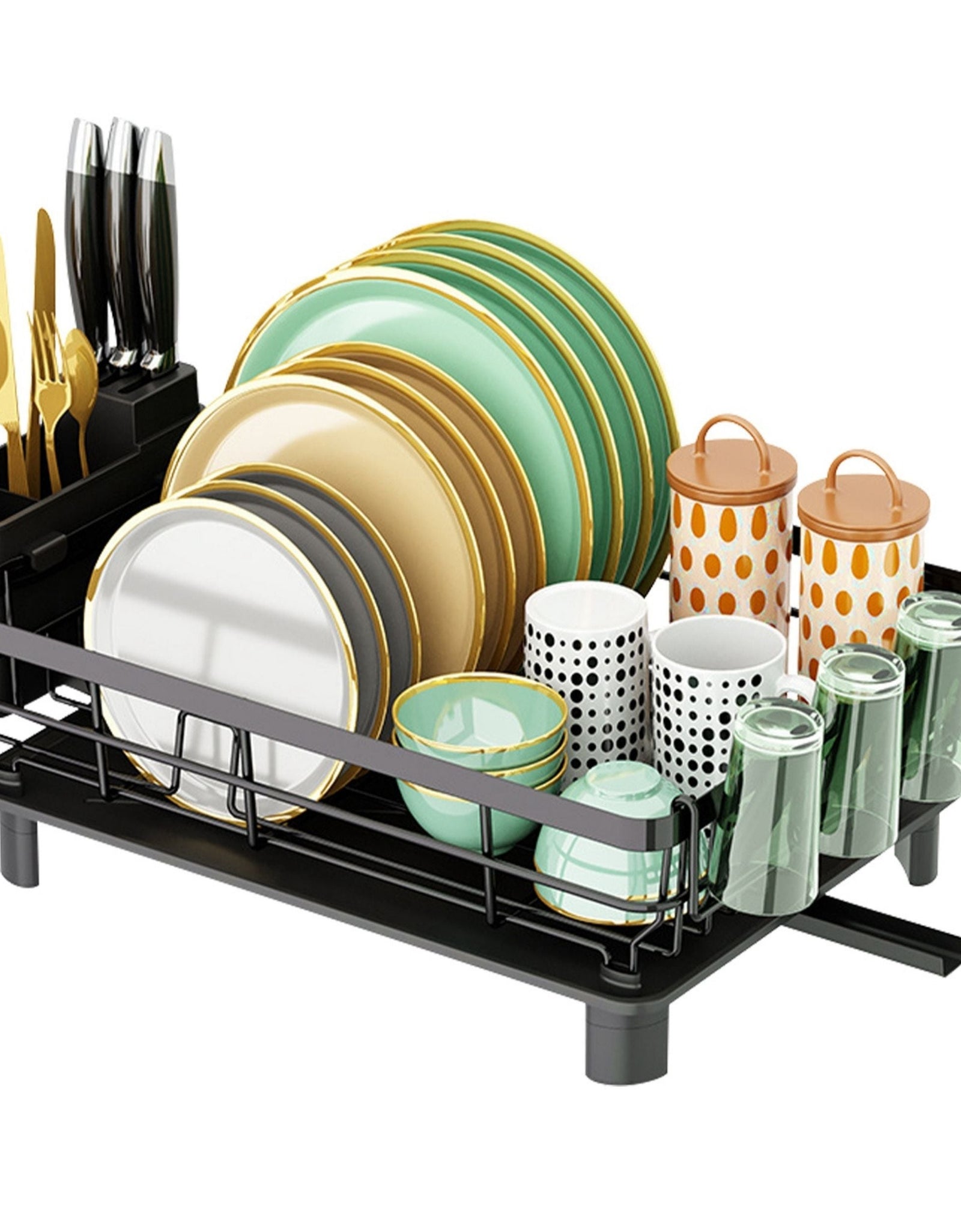 Kitchen Countertop Dish Drying Rack with Utensil Holder, Drain Board, and Storage Shelf