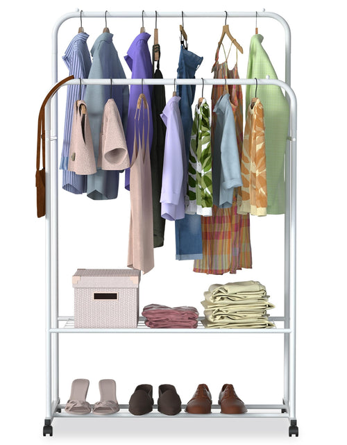 Load image into Gallery viewer, Garment Hanging Rack Clothing Hanging Rail Pillow Shoe Display Organizer Stand Rolling Wheel Clothes Organizer

