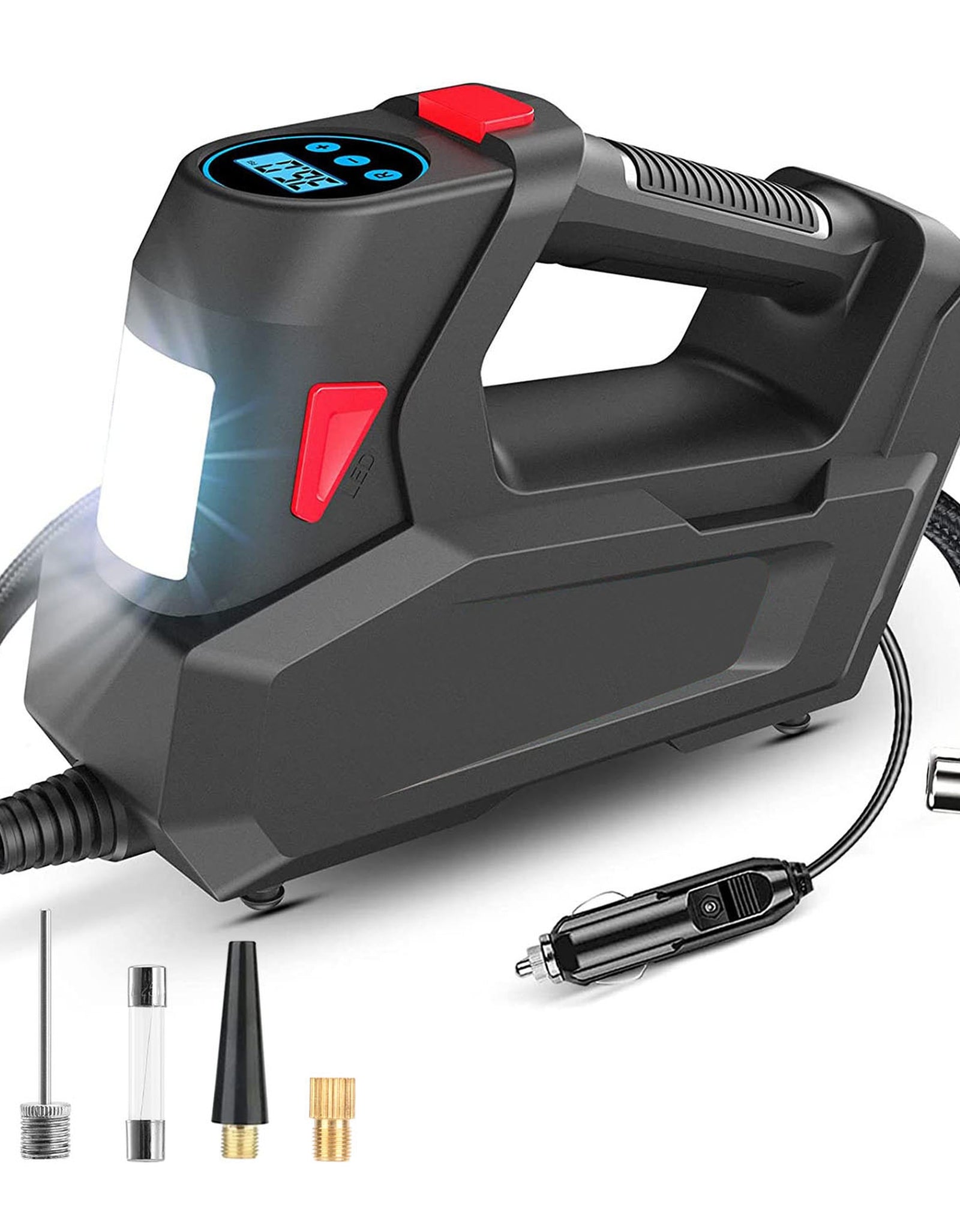 Portable Tire Inflator 120 PSI Maximum 90W Powered Tire Pump with Digital Display LED Light Inflatable Nozzle Needle Fuse Air Compressor for Bikes Mot