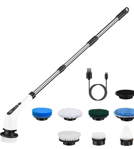 Electric Spin Scrubber Cordless Rechargeable Telescopic Cleaning Brush 8 Replaceable Heads 2 Speed Adjustable Extension Arm Bathroom Tub Tile Floor