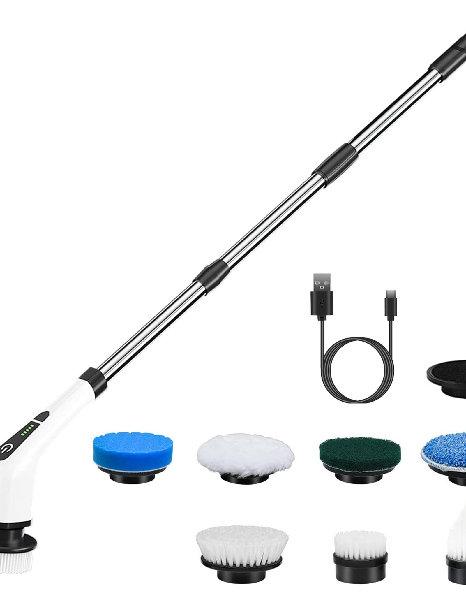 Electric Spin Scrubber Cordless Rechargeable Telescopic Cleaning Brush 8 Replaceable Heads 2 Speed Adjustable Extension Arm Bathroom Tub Tile Floor