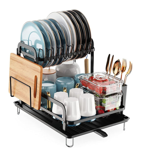 2-Tier Kitchen Dish Drying Rack w/ Detachable Drainboard - Rustproof Organizer Set incl. Utensil Holder. Space Saver!