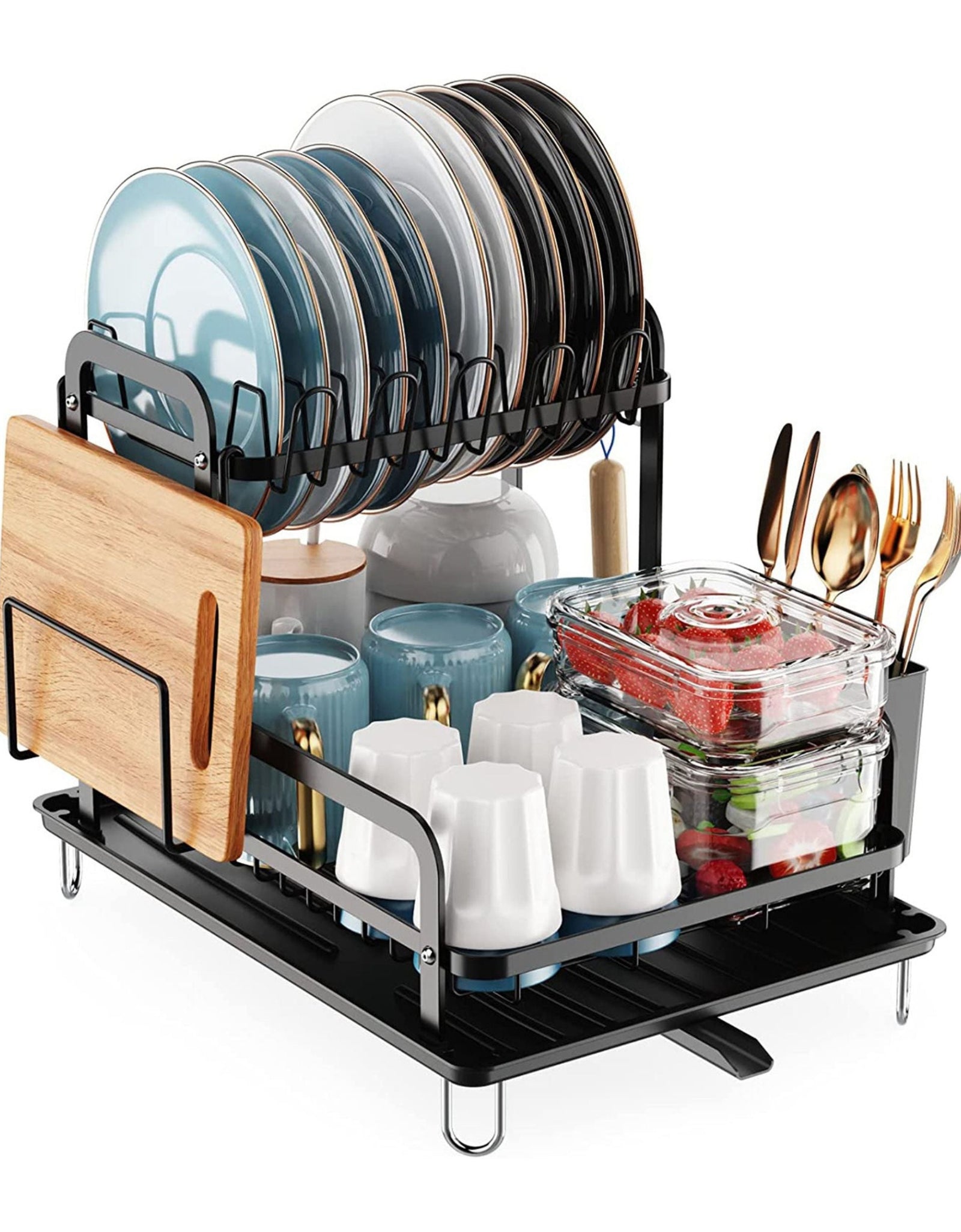 2-Tier Kitchen Dish Drying Rack w/ Detachable Drainboard - Rustproof Organizer Set incl. Utensil Holder. Space Saver!