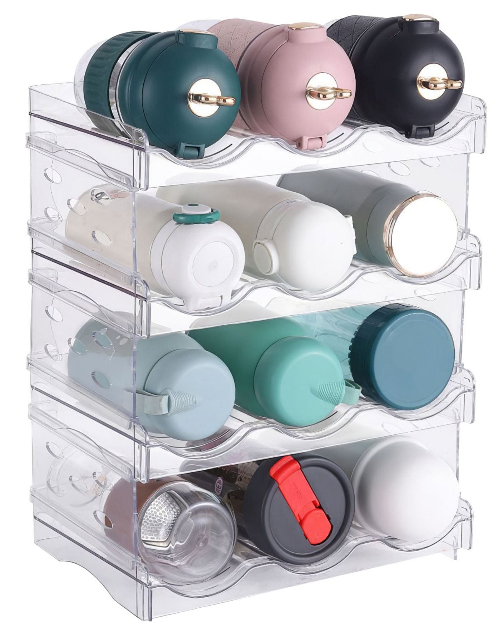 4 Tier Bottle Storage - 12 Bottles Transparent Stackable Organizer for Kitchen Fridge Cabinet Pantry