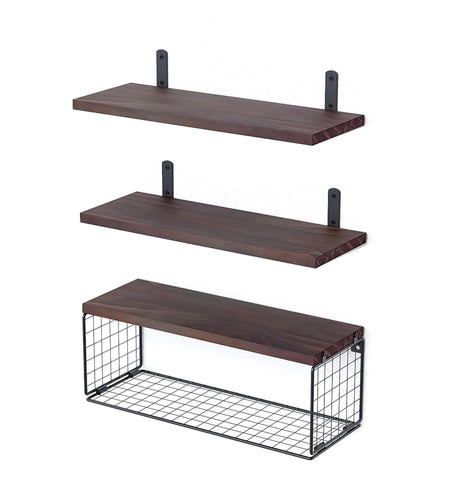 2 In 1 Floating Shelves Wall Mounted with Storage Basket Bathroom Shelves Over Toilet Wooden Shelves for Bedroom Living Room Kitchen Office Wall Decor