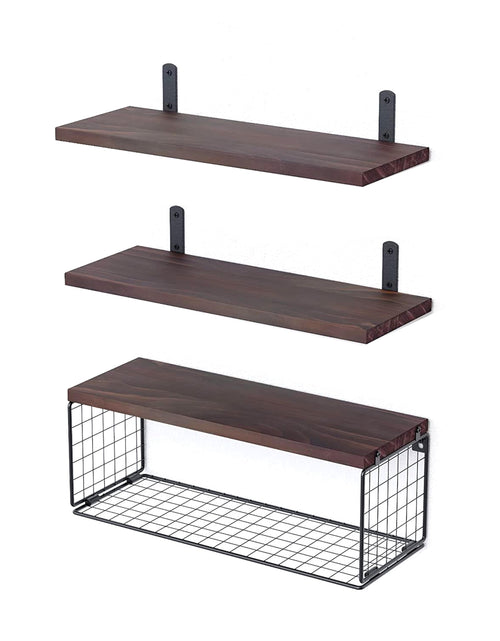Load image into Gallery viewer, 2 In 1 Floating Shelves Wall Mounted with Storage Basket Bathroom Shelves Over Toilet Wooden Shelves for Bedroom Living Room Kitchen Office Wall Decor
