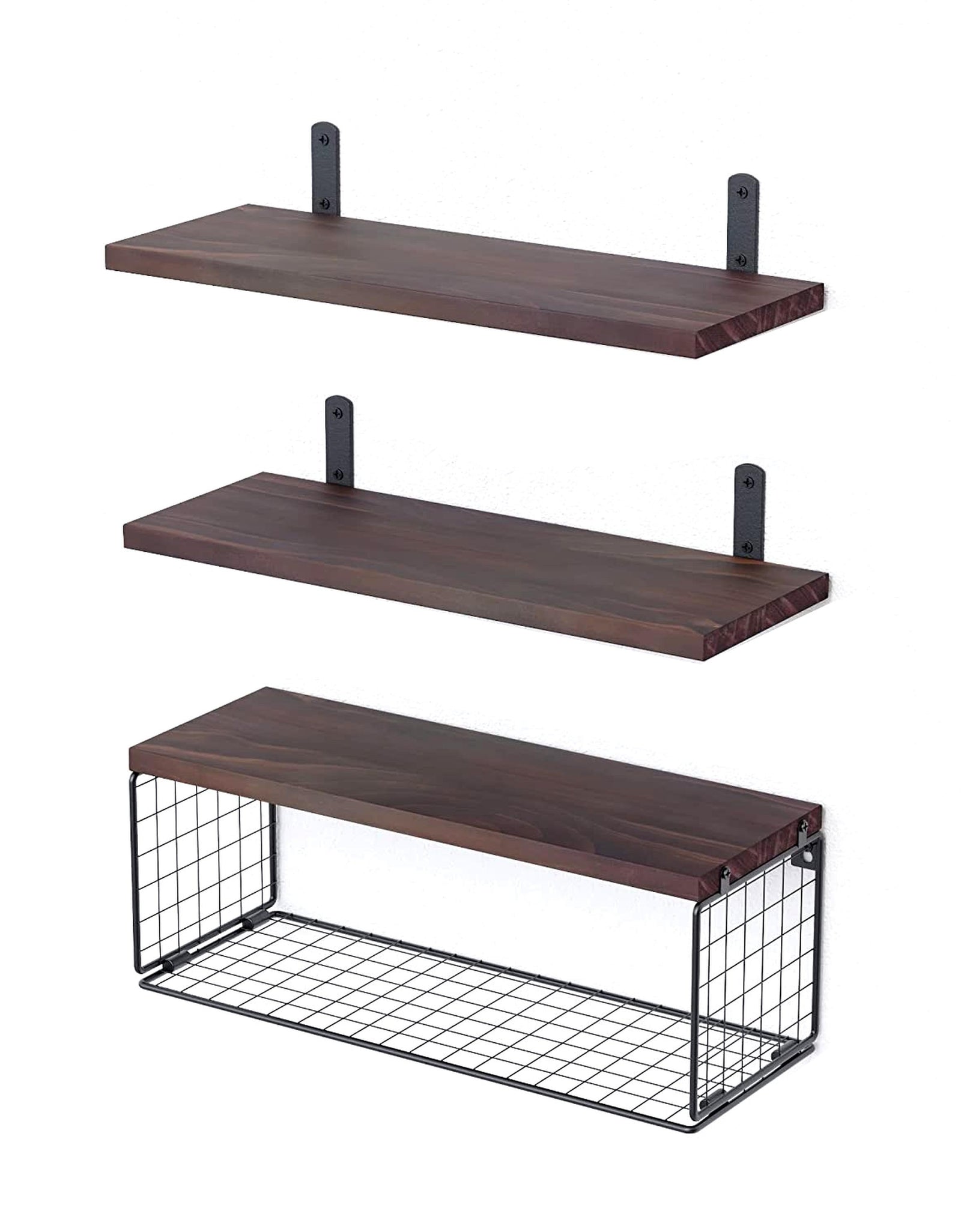 2 In 1 Floating Shelves Wall Mounted with Storage Basket Bathroom Shelves Over Toilet Wooden Shelves for Bedroom Living Room Kitchen Office Wall Decor
