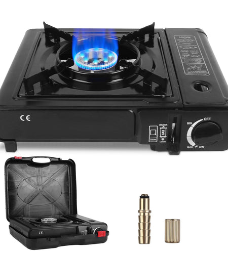 3300W Portable Camping Stove Butane Canister Dual Fuel Burner Piezo Electric Ignition Single Burner with Automatic Tank Ejection Overpressure Cut Off