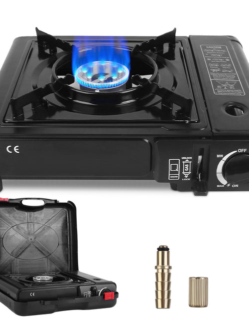 Load image into Gallery viewer, 3300W Portable Camping Stove Butane Canister Dual Fuel Burner Piezo Electric Ignition Single Burner with Automatic Tank Ejection Overpressure Cut Off
