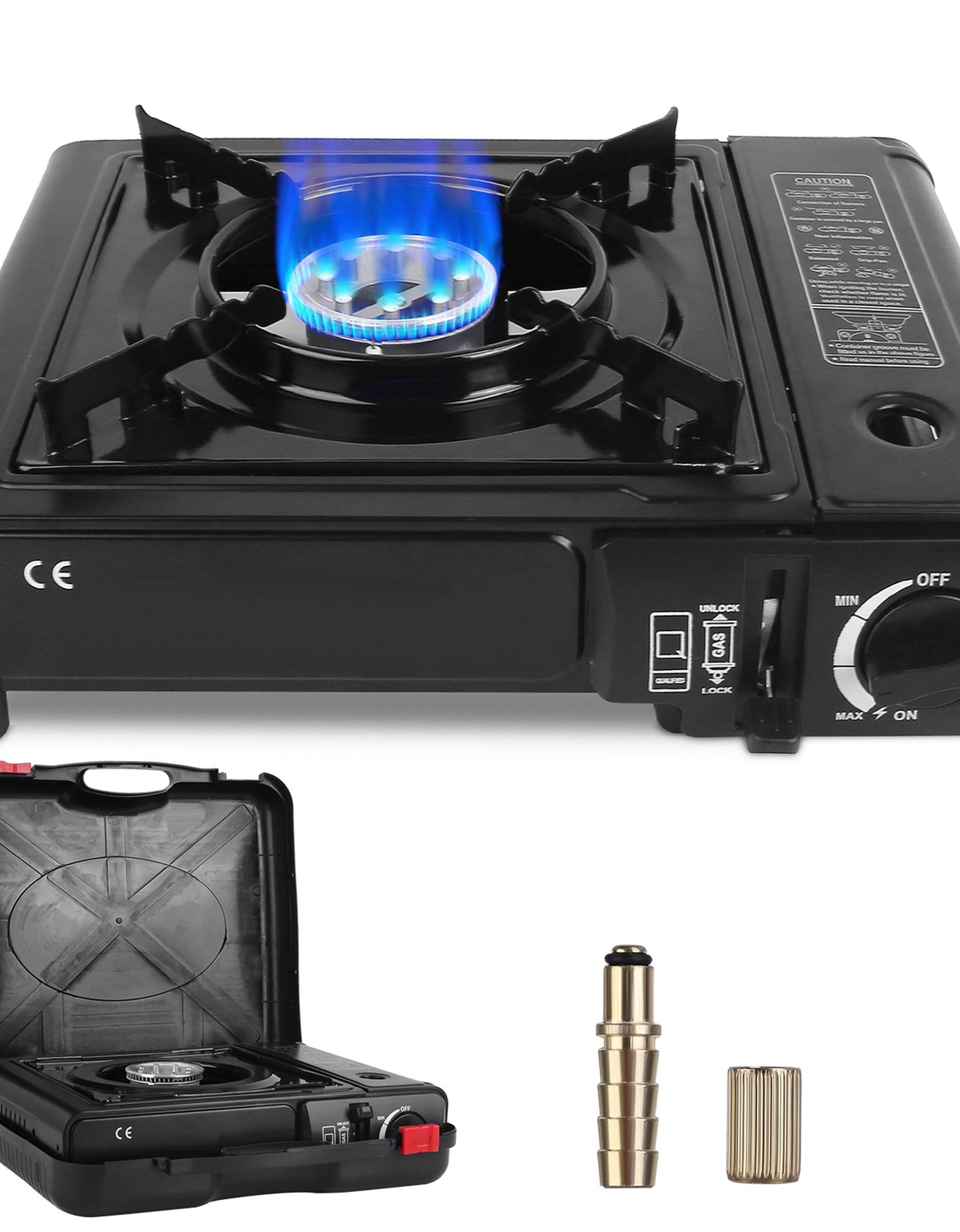 3300W Portable Camping Stove Butane Canister Dual Fuel Burner Piezo Electric Ignition Single Burner with Automatic Tank Ejection Overpressure Cut Off