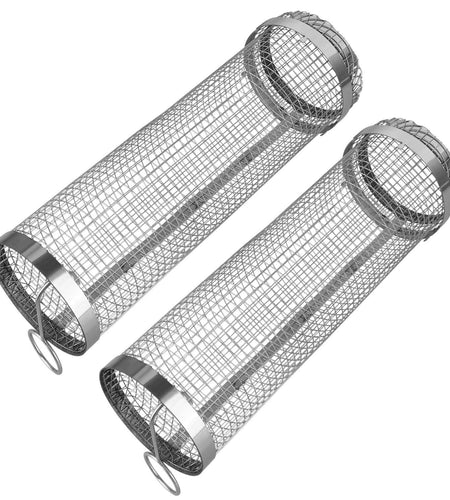 2Pcs 3.42x11.61Inch Portable BBQ Rolling Basket Round Stainless Steel Grill Mesh Barbecue Net Tube with Removable Cover Outdoor Camping