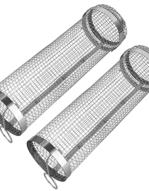 Load image into Gallery viewer, 2Pcs 3.42x11.61Inch Portable BBQ Rolling Basket Round Stainless Steel Grill Mesh Barbecue Net Tube with Removable Cover Outdoor Camping
