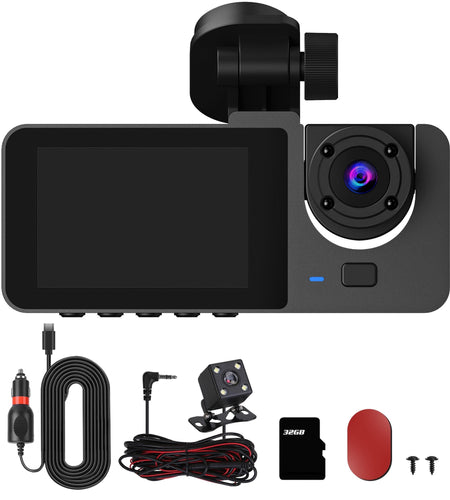 3 Channel Dash Cam Front Inside Rear Vehicle Driving Recorder Car DVR with 32G MMC Card G Sensor Motion Detection Parking Monitor Night Vision Loop Re