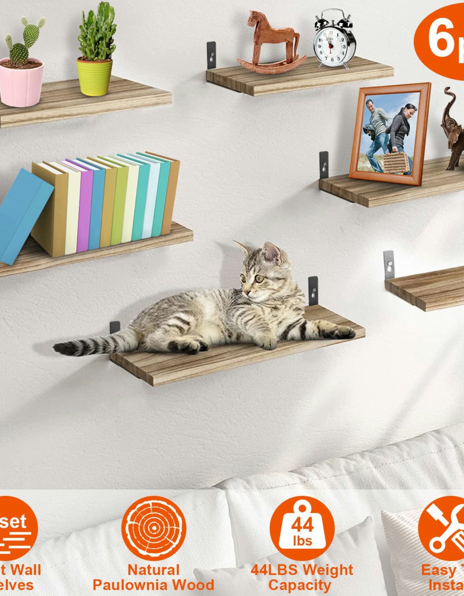 6 Sets Floating Shelves 15.55x5.19Inch Wall Mounted Shelves Wood Storage Shelves Metal Bracket Hanging Display Shelf Wall Organizer for Living Room Ba