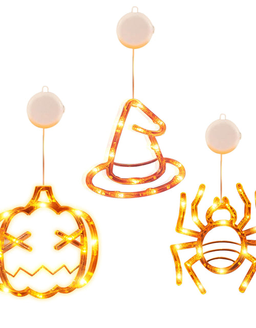 Load image into Gallery viewer, 3 Pack Halloween Window Light Spider Witch Hat Pumpkin with Orange Light Hanging Halloween Decoration Light with Suction Cup Hanging Holes
