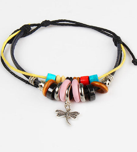 Fashion Dragonfly Pendant Leather Wristband Charm Bracelet