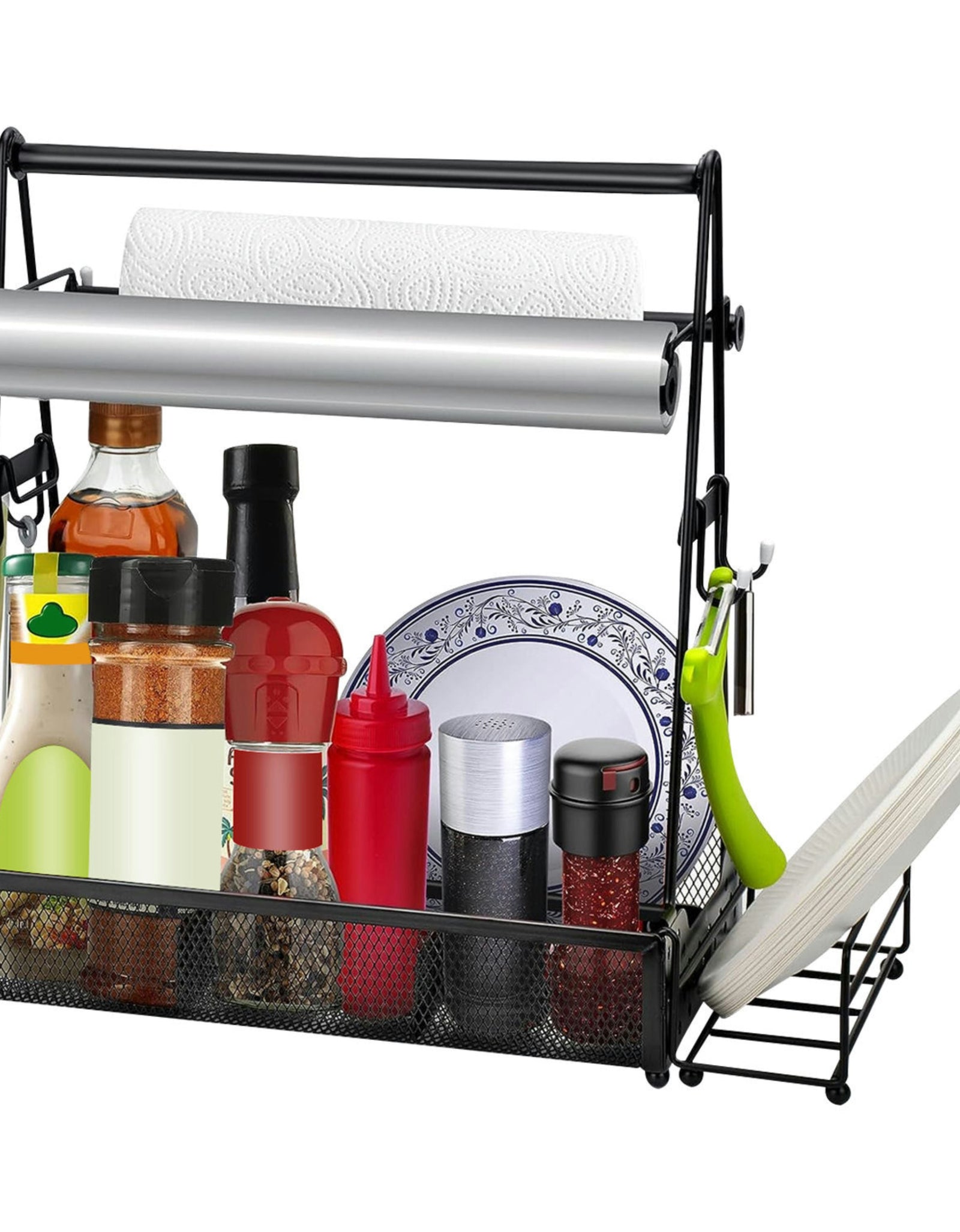 Utensil Caddy Metal Grill Caddy with Paper Towel Holders Utensil Holder for Outdoor Picnic Barbecue Camping Grilling Tools Storage Organizer Barbecue