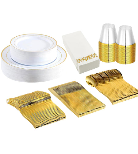 175Pcs Disposable Gold Dinnerware Set Gold Rim Plastic Plates Cups Fork Spoon Knife Paper Napkins for Party Wedding Graduation
