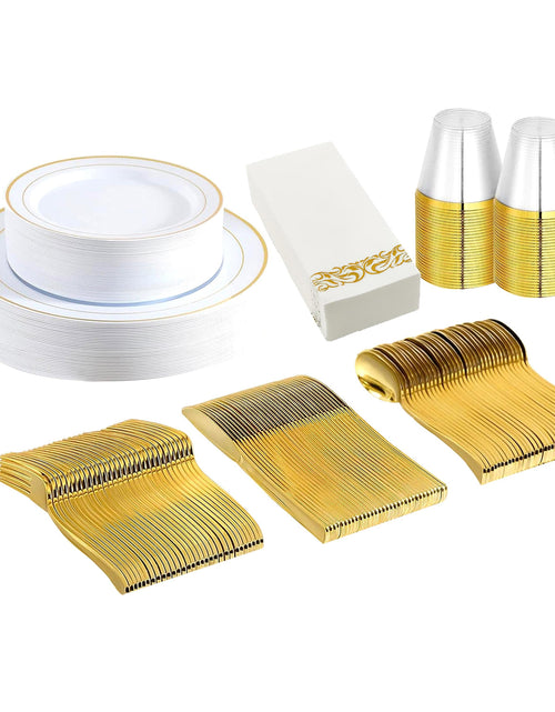 Load image into Gallery viewer, 175Pcs Disposable Gold Dinnerware Set Gold Rim Plastic Plates Cups Fork Spoon Knife Paper Napkins for Party Wedding Graduation
