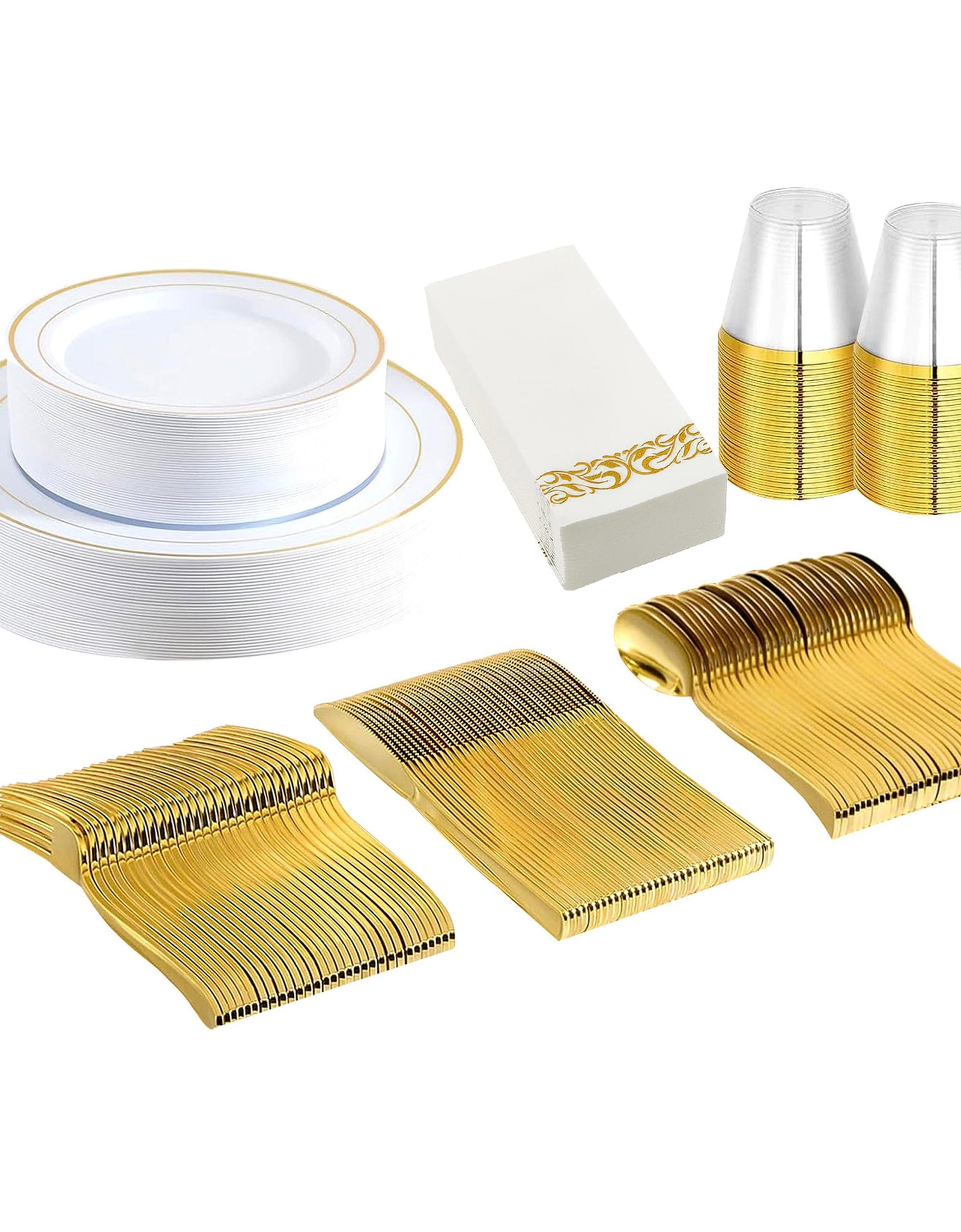 175Pcs Disposable Gold Dinnerware Set Gold Rim Plastic Plates Cups Fork Spoon Knife Paper Napkins for Party Wedding Graduation