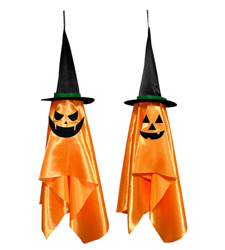 2 Pack Hanging Ghosts with Wizard Hat Snicker Scary Face Halloween Party Hanging Decorations Pumpkin Wizard Hat for Eave Tree Porch