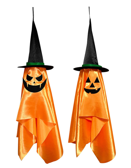Load image into Gallery viewer, 2 Pack Hanging Ghosts with Wizard Hat Snicker Scary Face Halloween Party Hanging Decorations Pumpkin Wizard Hat for Eave Tree Porch
