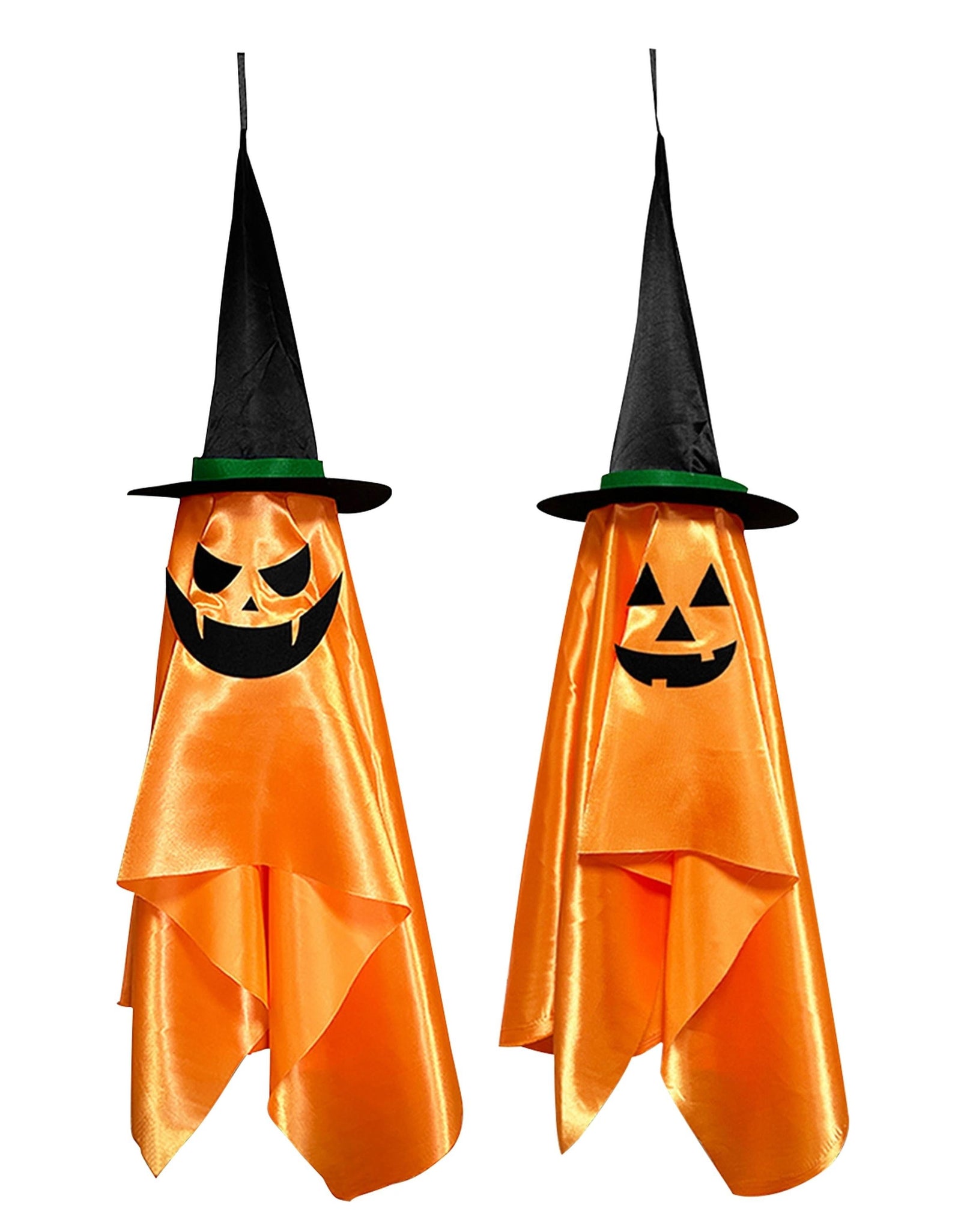 2 Pack Hanging Ghosts with Wizard Hat Snicker Scary Face Halloween Party Hanging Decorations Pumpkin Wizard Hat for Eave Tree Porch