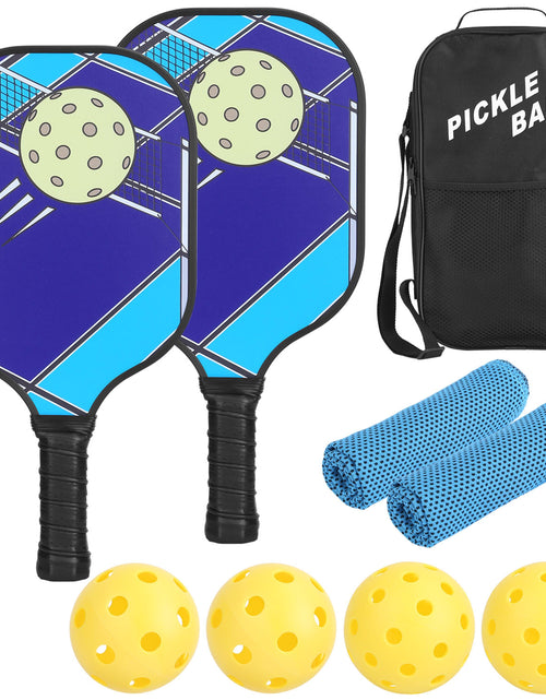 Load image into Gallery viewer, Pickleball Set 2 Fiberglass Paddles 4 Outdoor Indoor Balls Portable Carry Bag 2 Cooling Towel Lightweight Ergonomic Grip for Beginners Pros
