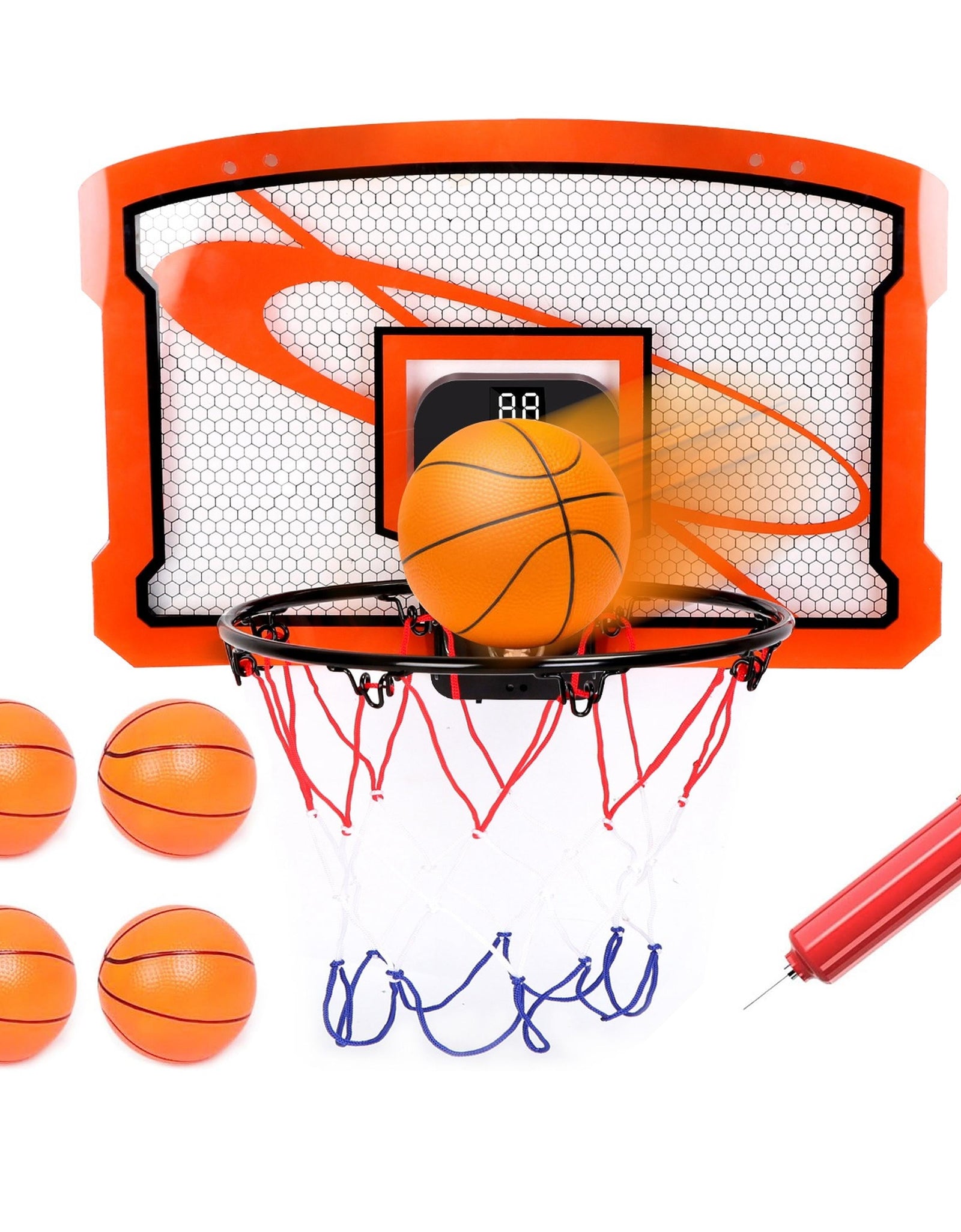 Indoor Mini Basketball Hoop Set Over Door Basketball Hoop with 4 Inflatable Balls Electric Audio Scorer Foldable Basket Gift for Kids and Adults