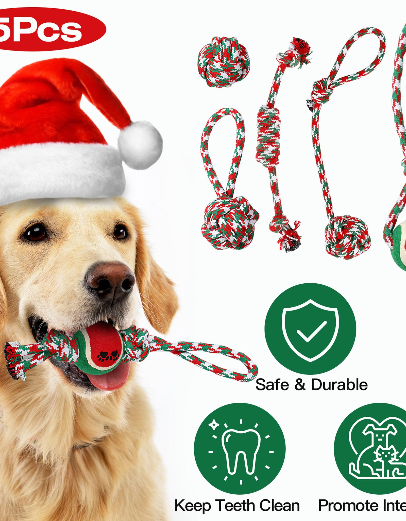 5Pcs Christmas Dog Rope Chew Toys Dog Interactive Toys Set for Puppy Small Medium Aggressive Chewers Dogs Training Teething Playing