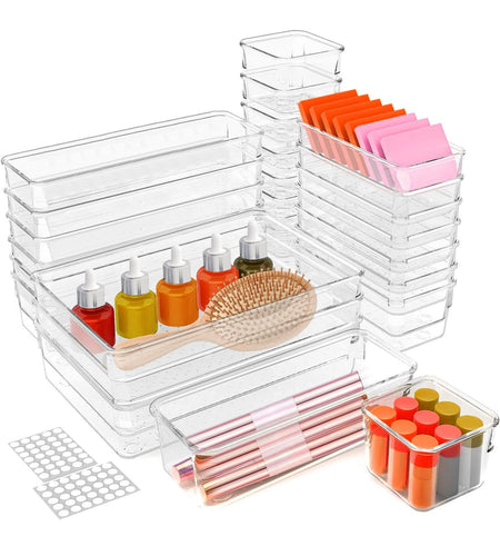 25Pcs Clear Plastic Drawer Organizers Set 4 Sizes Desk Drawer Dividers Trays Storage Bins for Vanity Cabinet Makeup Bathroom Office Kitchen Bedroom Je