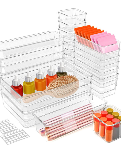 Load image into Gallery viewer, 25Pcs Clear Plastic Drawer Organizers Set 4 Sizes Desk Drawer Dividers Trays Storage Bins for Vanity Cabinet Makeup Bathroom Office Kitchen Bedroom Je
