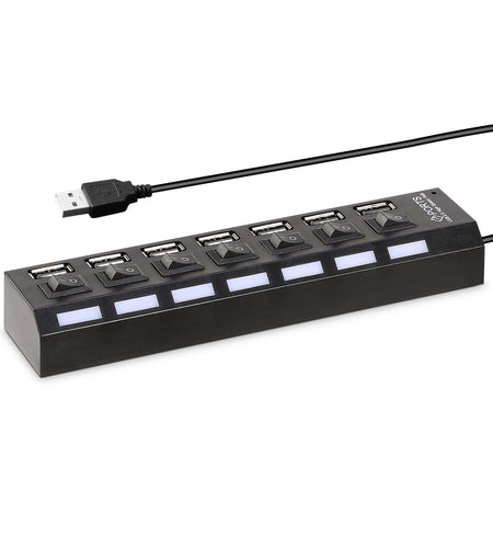 7 Port USB 2.0 Hub - High Speed Multiport with Individual Switches and LEDs