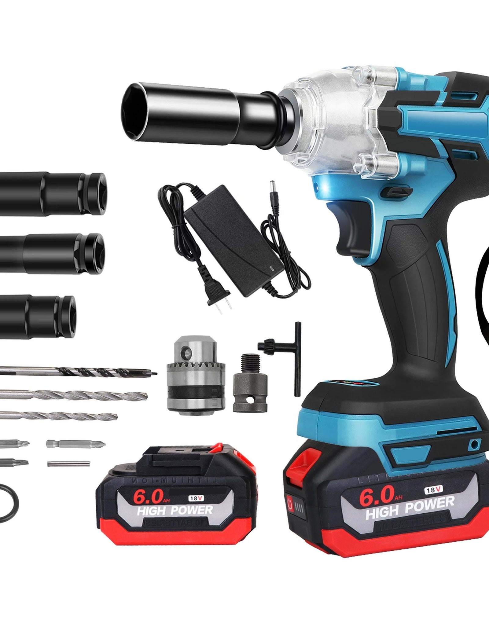 3-In-1 Cordless Electric Impact Wrench Drill Screwdriver with Brushless Motor Max 3450RPM Variable Speed 2Pcs 6.0Ah Batteries 3 Sockets 3 Screwdriver