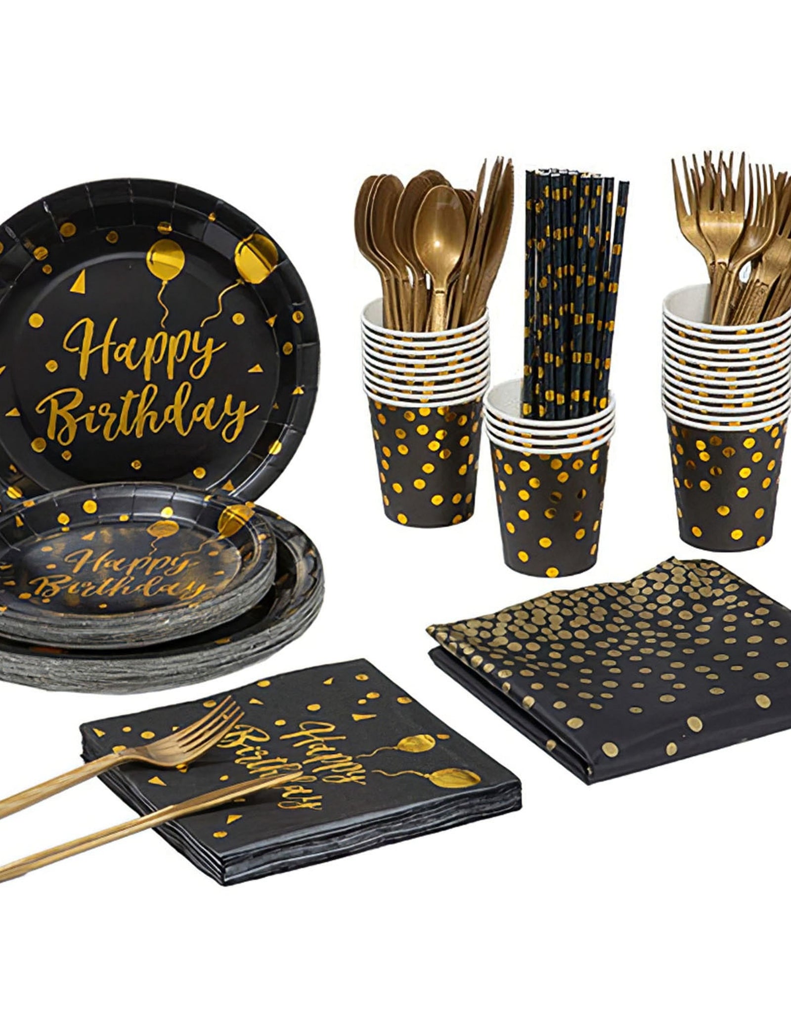 201PCS Black Gold Birthday Party Supplies For 25 Guests Happy Birthday Disposable Dinnerware Set Paper Plates 9OZ Cups Straws Napkins Forks Knives Spo