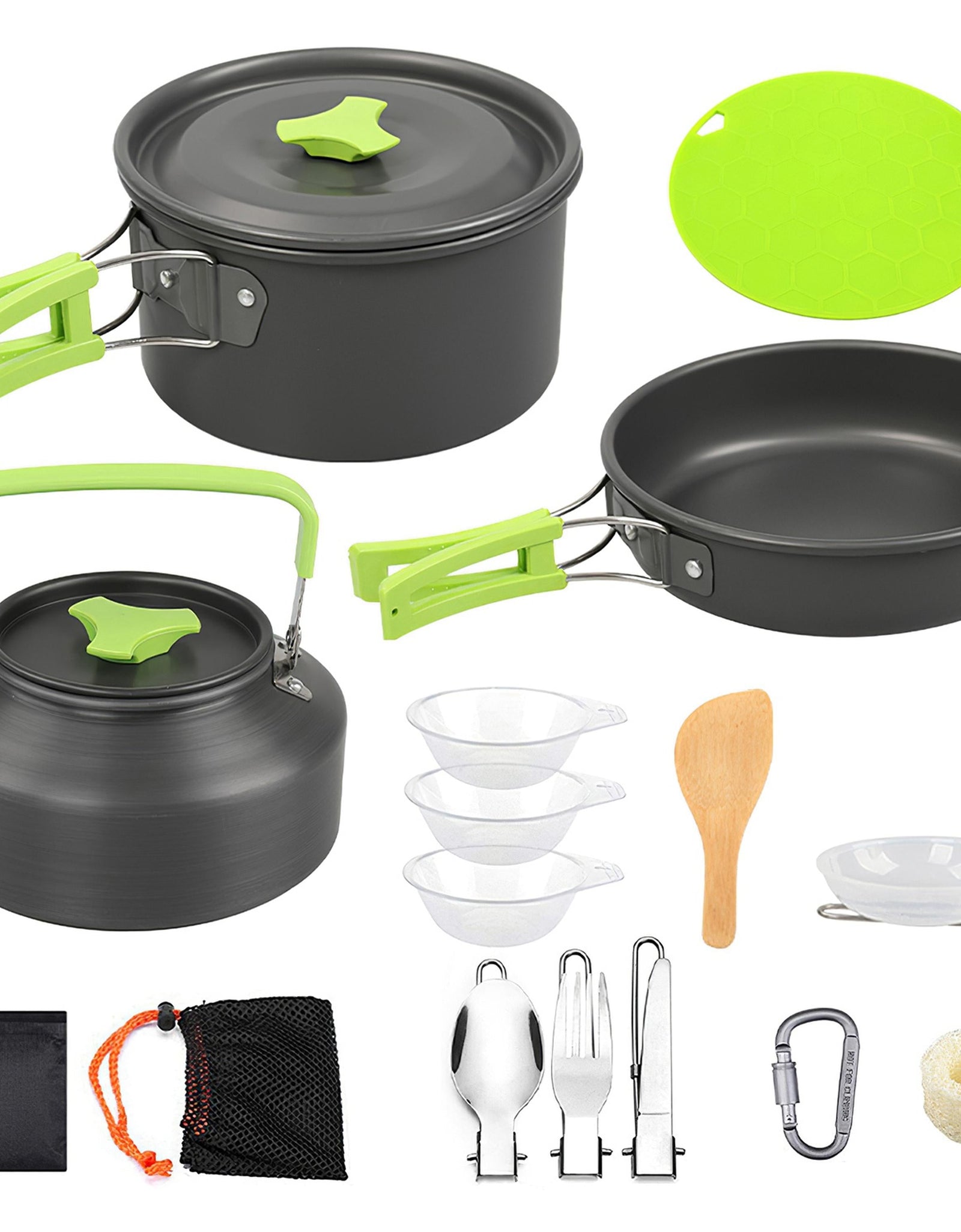 16Pcs Camping Cooking Ware Set Camping Stove Cookware Kit Aluminum Pot Pan Kettle Set with Bowls Knife Fork Spoon Carabiner Spatula Cutting Board for
