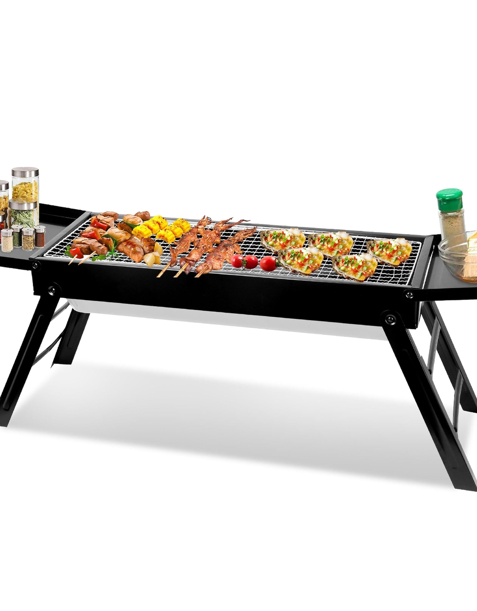 Foldable Charcoal BBQ Grill with Shelf, Stainless Steel Net, Portable for Camping/Picnic