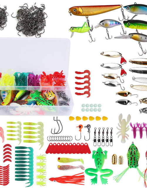 Load image into Gallery viewer, 375Pcs Fishing Baits and Tackle Box Saltwater Freshwater Fishing Lures Kit Lifelike Popper Crankbaits Crickets Frogs Spoon Lures Maggots
