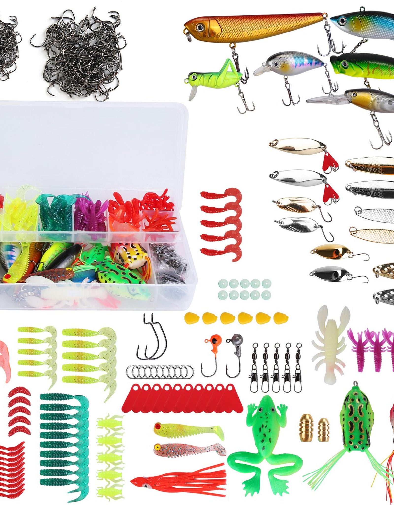 375Pcs Fishing Baits and Tackle Box Saltwater Freshwater Fishing Lures Kit Lifelike Popper Crankbaits Crickets Frogs Spoon Lures Maggots
