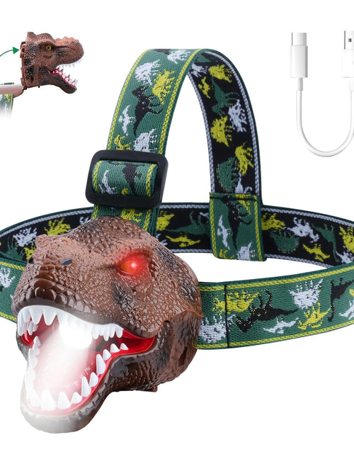 Load image into Gallery viewer, Dinosaur Headlamp Kids Headlight Dinosaur Flashlight with Realistic Roar Sound 4 Modes Adjustable Headband Kid Camping Gear Unique Gifts for Boys
